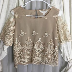 Nude mesh embroidered top